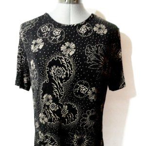 GEORGE Scoop neck T-shirt Blouse L Black White Daisy design Stretch knit SS